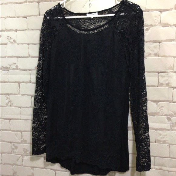 Maurice’s Sz M Black Lacy Tunic Top Lace Sleeves - Picture 1 of 11
